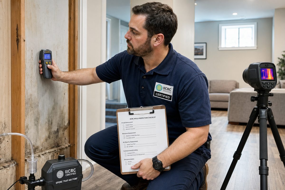 Certified mold inspector using a moisture meter during a Canadian home inspection
