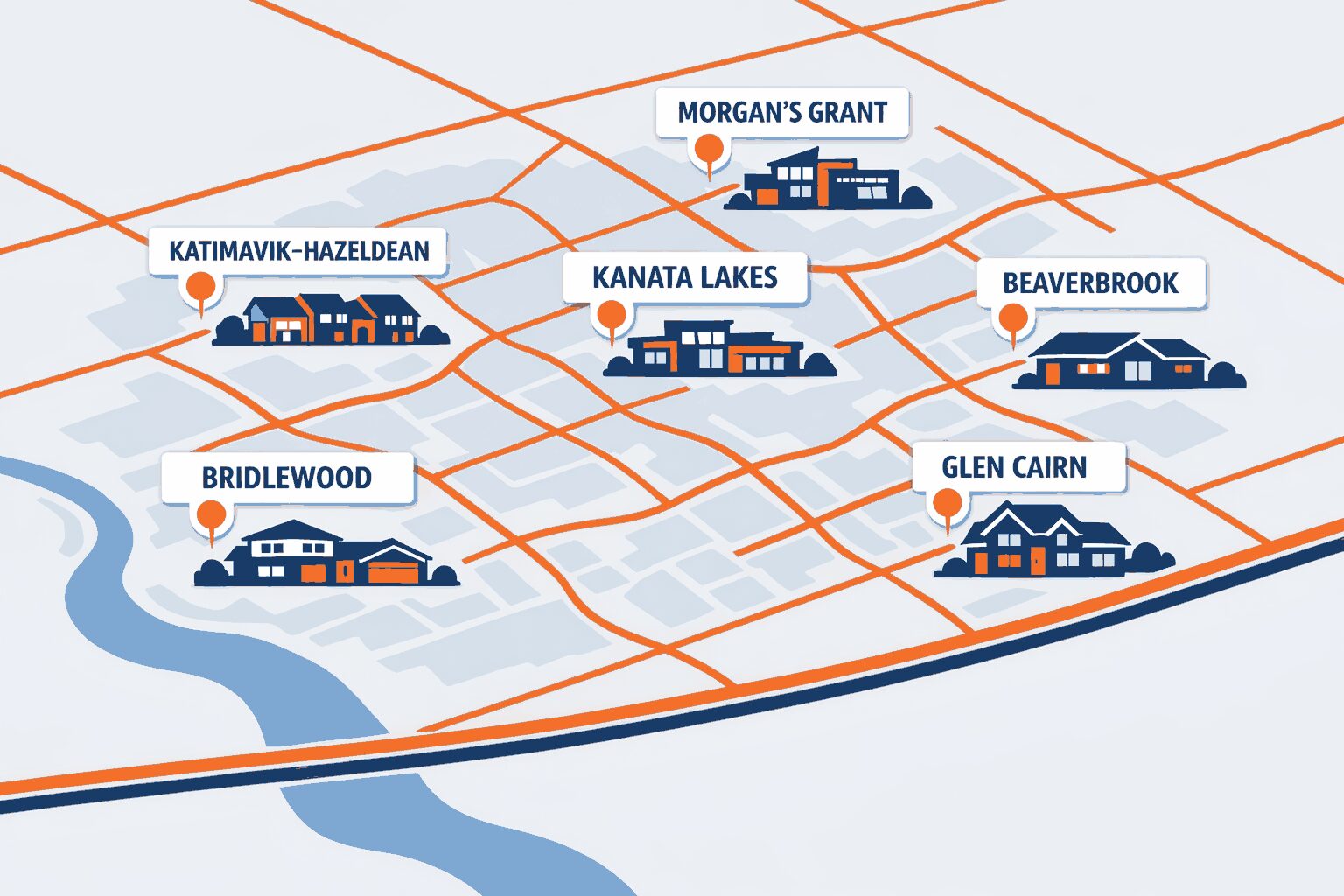 Map of Kanata, Ontario showing six neighborhoods served by Mold Inspection Canada: Bridlewood, Katimavik-Hazeldean, Beaverbrook, Glen Cairn, Morgan's Grant, and Kanata Lakes