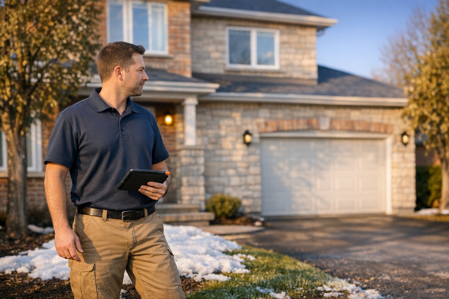Certified mold inspector reviewing findings on a tablet outside a Canadian home