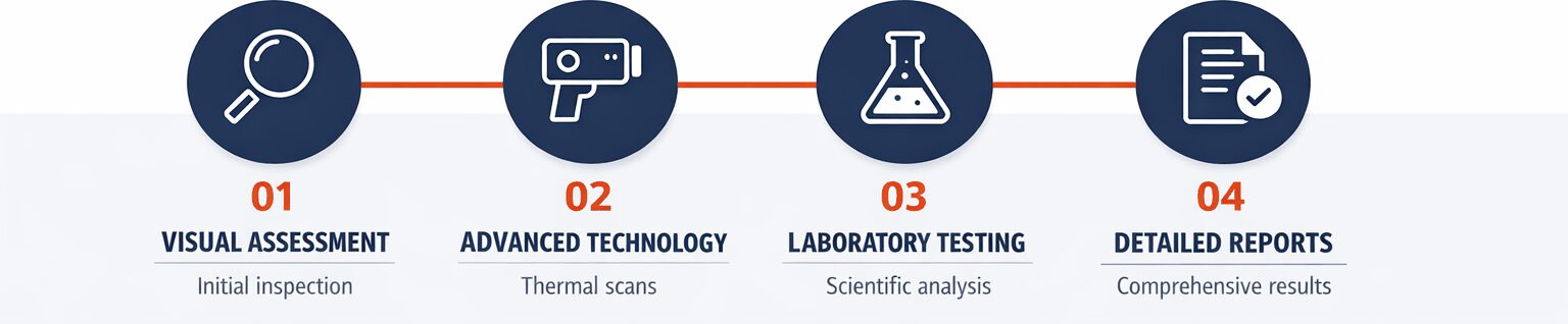 Four-step mold inspection process: visual assessment, advanced technology, laboratory testing, and detailed reports