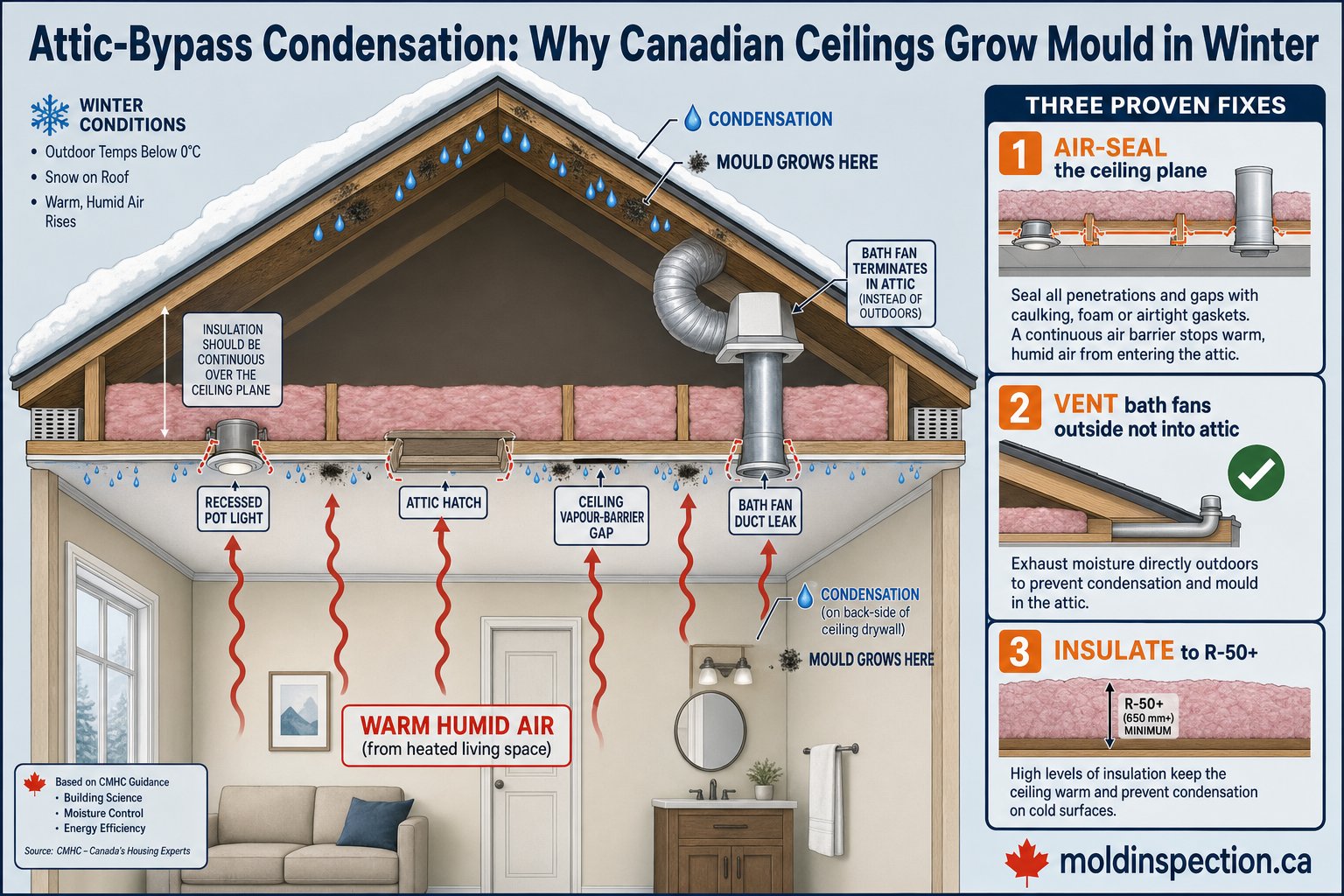 Cross-section diagram of a Canadian residential attic in winter showing warm humid air leaking from heated rooms through recessed lights attic hatch and bathroom exhaust ducts condensing on cold roof deck and ceiling drywall causing mould growth with three labelled fixes air-seal vent outside and insulate to R-50