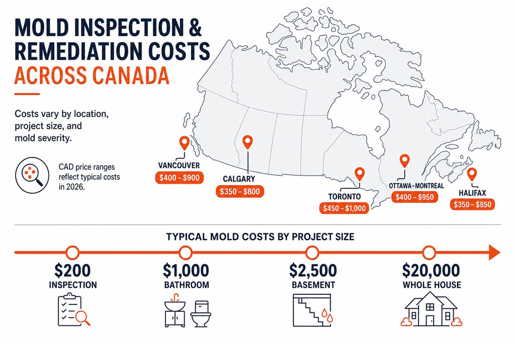 Canadian mold inspection and remediation cost overview 2026 — price ranges across Ontario, Quebec, Atlantic, Prairie, and BC regions