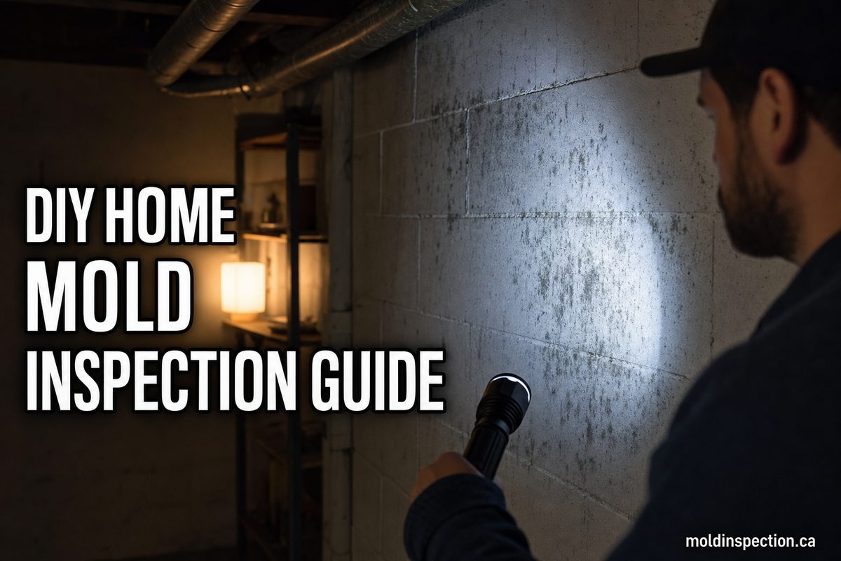 DIY home mold inspection guide: homeowner with flashlight inspecting mold on basement cinderblock wall