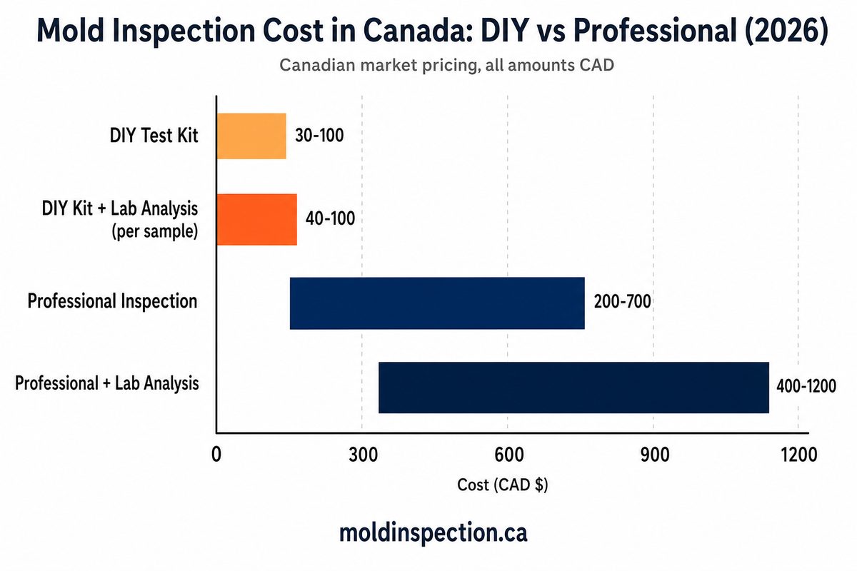 DIY mold testing vs professional inspection cost in Canada 2026: DIY kit 30 to 100 CAD, DIY plus lab 40 to 100 CAD per sample, professional inspection 200 to 700 CAD, professional plus lab 400 to 1200 CAD