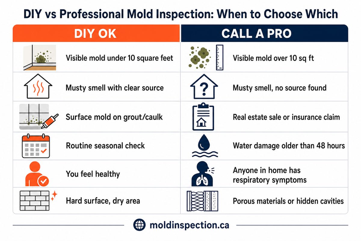 DIY vs professional mold inspection decision matrix: 6 scenarios for when to DIY and when to call a pro in Canada
