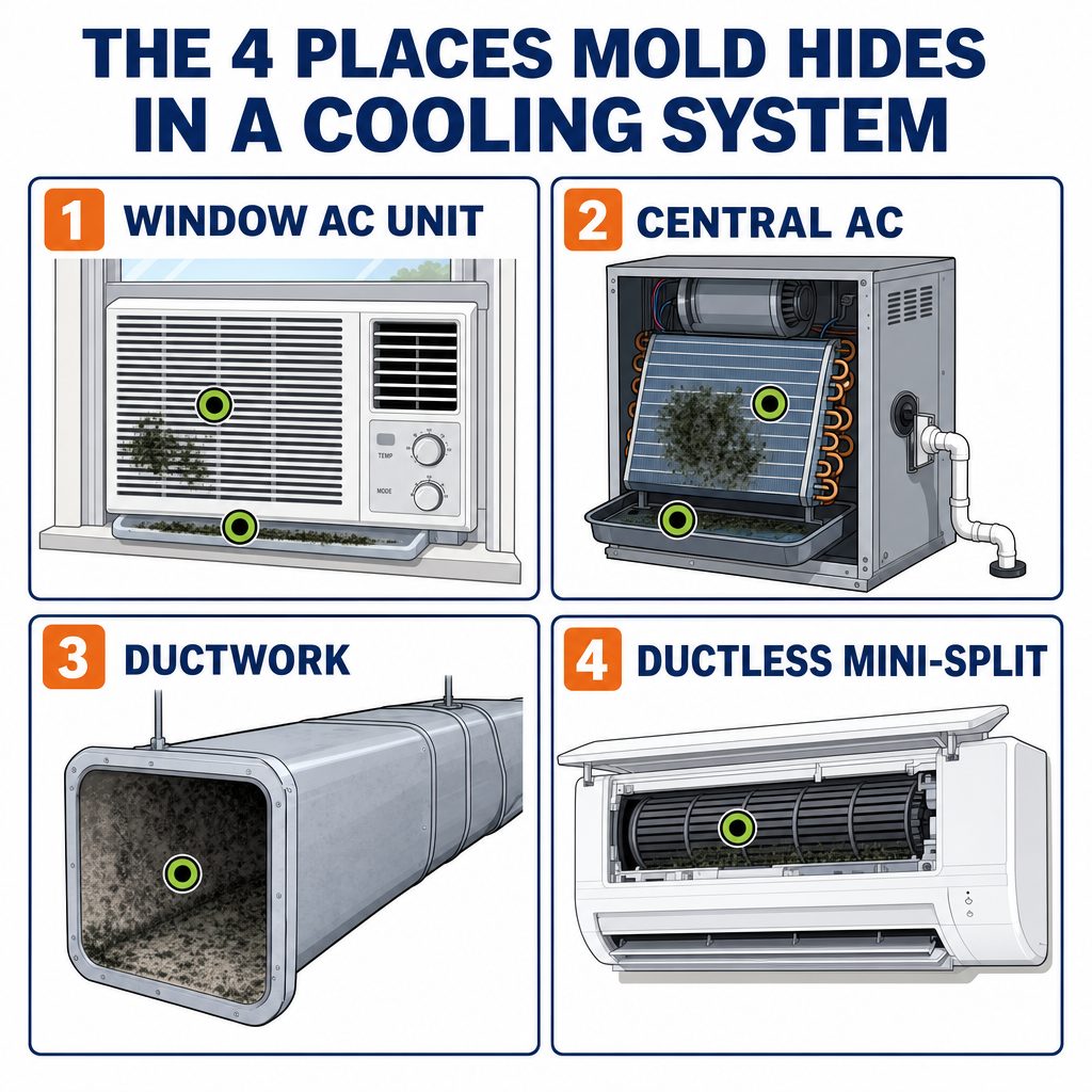 Four-panel diagram of the four places mold hides in a cooling system: window AC unit, central AC, ductwork, and ductless mini-split