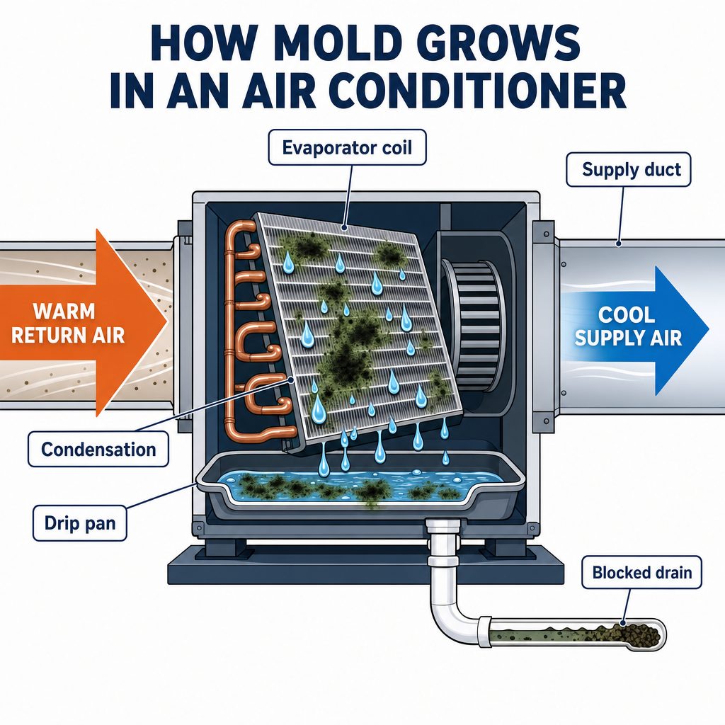 Cross-section diagram showing how mold grows in an air conditioner, from warm return air over the evaporator coil to condensation in the drip pan and a blocked drain