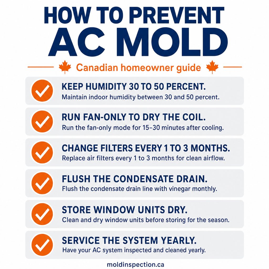 Checklist infographic on how to prevent AC mold in Canada: keep humidity 30 to 50 percent, run fan-only, change filters, flush the condensate drain, store window units dry, service yearly