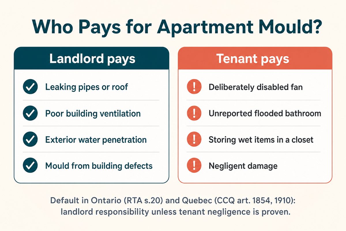 Infographic comparing when landlords pay for apartment mould (leaking pipes, poor ventilation, exterior water, building defects) versus when tenants pay (disabled fan, unreported flooding, wet items in closet, negligent damage)