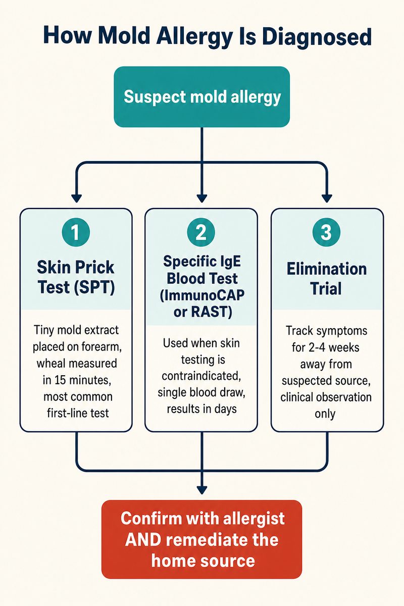 Diagnostic flowchart for mold allergy: skin prick test, specific IgE, elimination trial