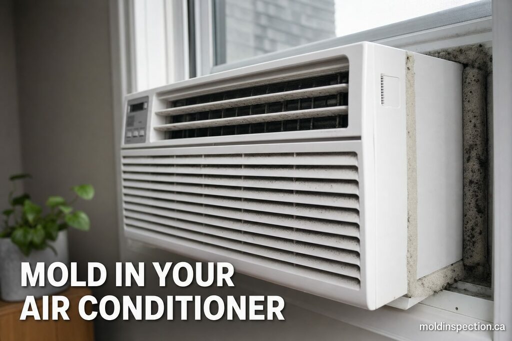 Window air conditioner in a home window with mould growth visible on the foam gaskets, titled Mold in Your Air Conditioner