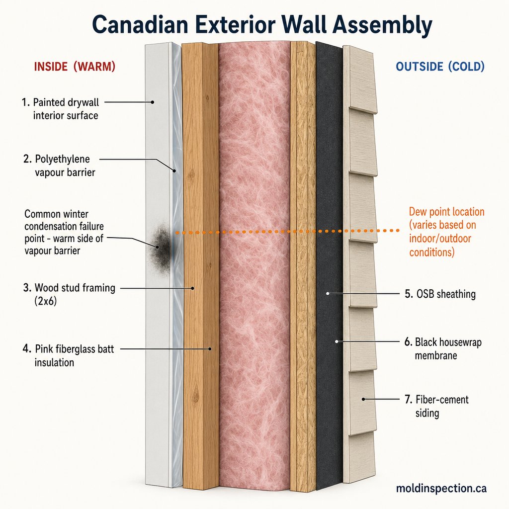 Technical cross-section diagram titled Canadian Exterior Wall Assembly showing layers from inside to outside painted drywall vapour barrier wood stud cavity with batt insulation OSB sheathing housewrap and siding with mould halo marked on the warm side of the vapour barrier indicating common winter condensation failure point