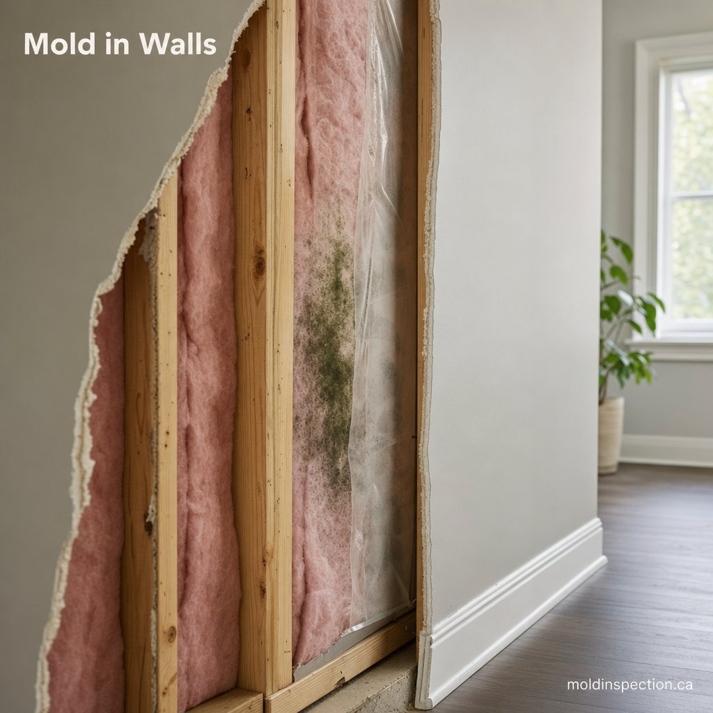 Architectural cross-section of a Canadian residential wall with the drywall peeled back showing wood studs, pink batt insulation and a dark mould halo on the warm side of the vapour barrier
