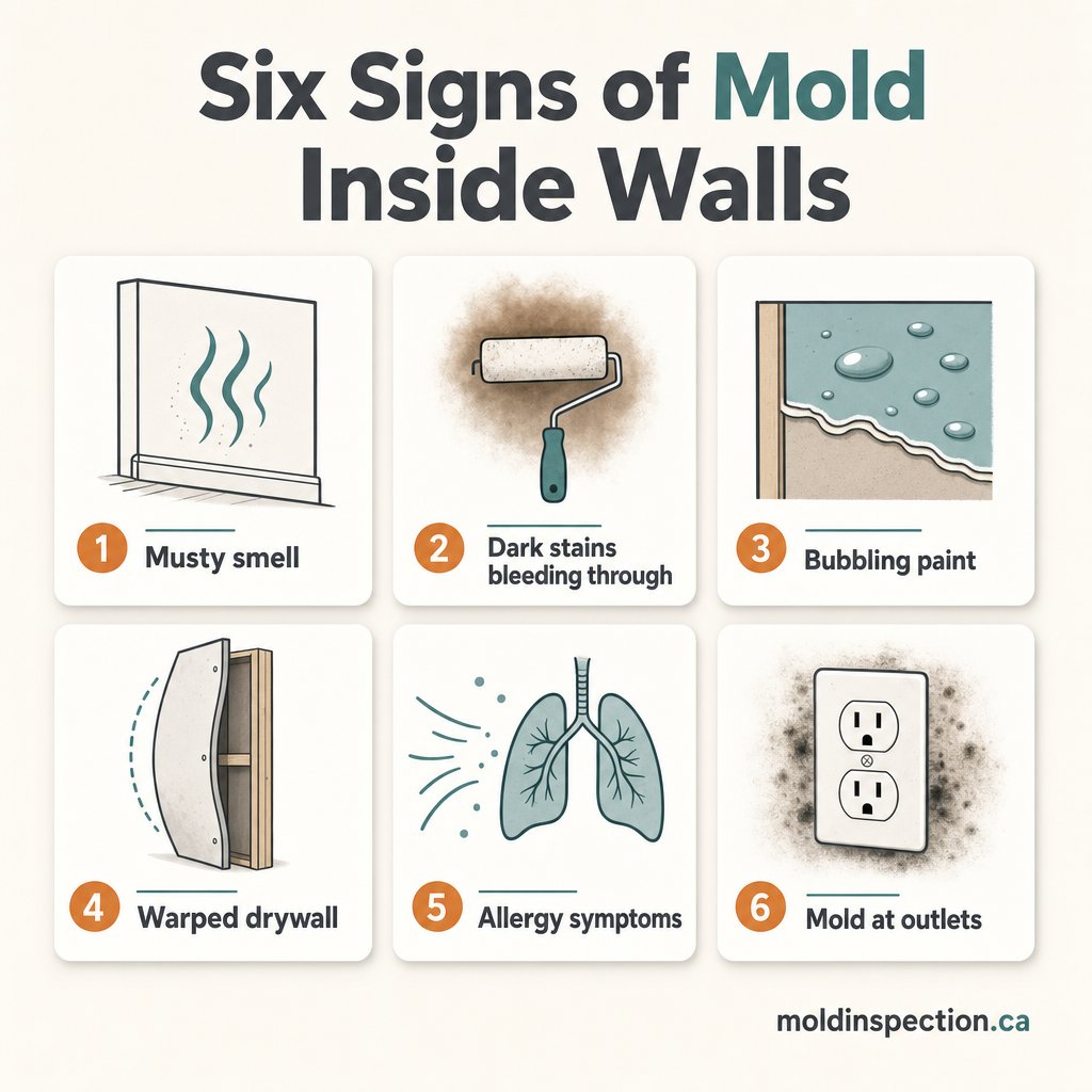 Infographic titled Six Signs of Mold Inside Walls showing six cards with icons musty smell concentrated in one room dark staining bleeding through paint bubbling or peeling paint warped or soft drywall allergy symptoms only in that room visible mould at outlets or baseboards