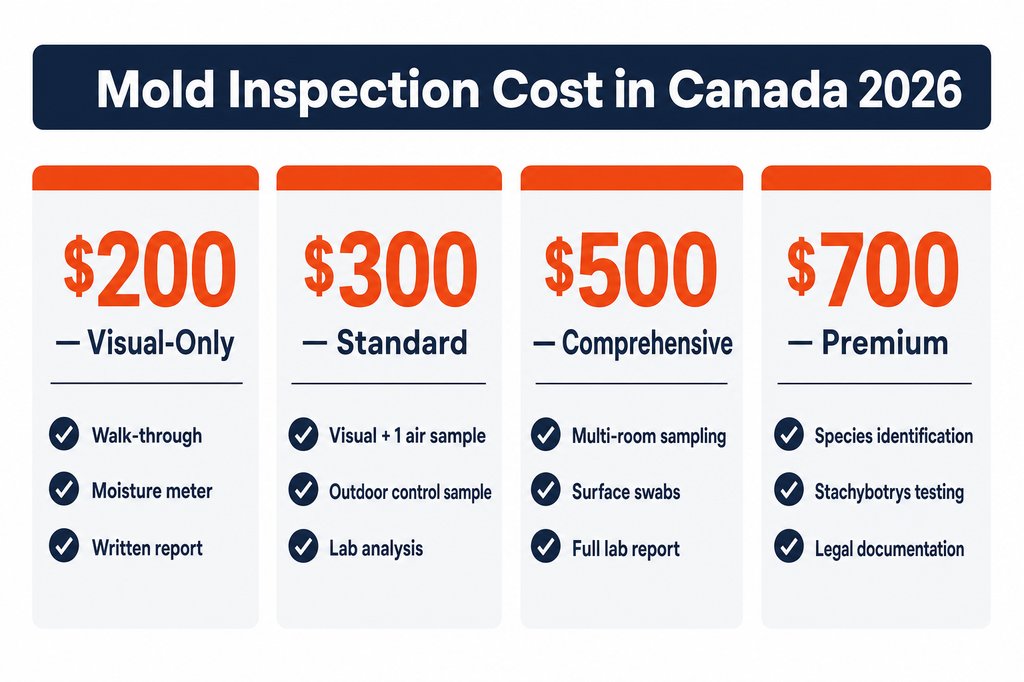 Mold inspection cost in Canada 2026: four-tier price card showing $200 visual, $300 standard with air sampling, $500 comprehensive, $700 multi-room with lab analysis