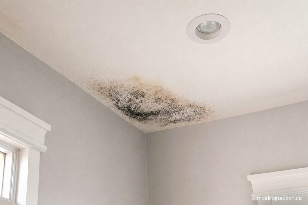 Mould patch on a Canadian residential ceiling corner showing a dark colony with brown water-staining halo radiating from a recessed light fixture