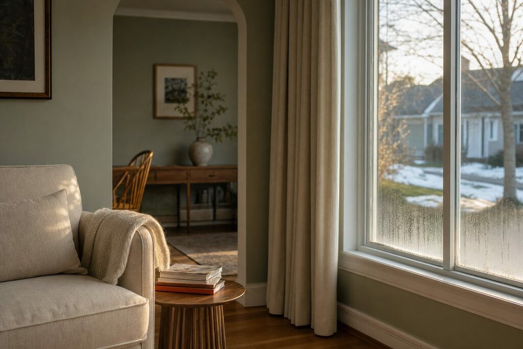 Canadian home interior in spring with light condensation on the inside of a window suggesting hidden moisture and a musty smell in house environment