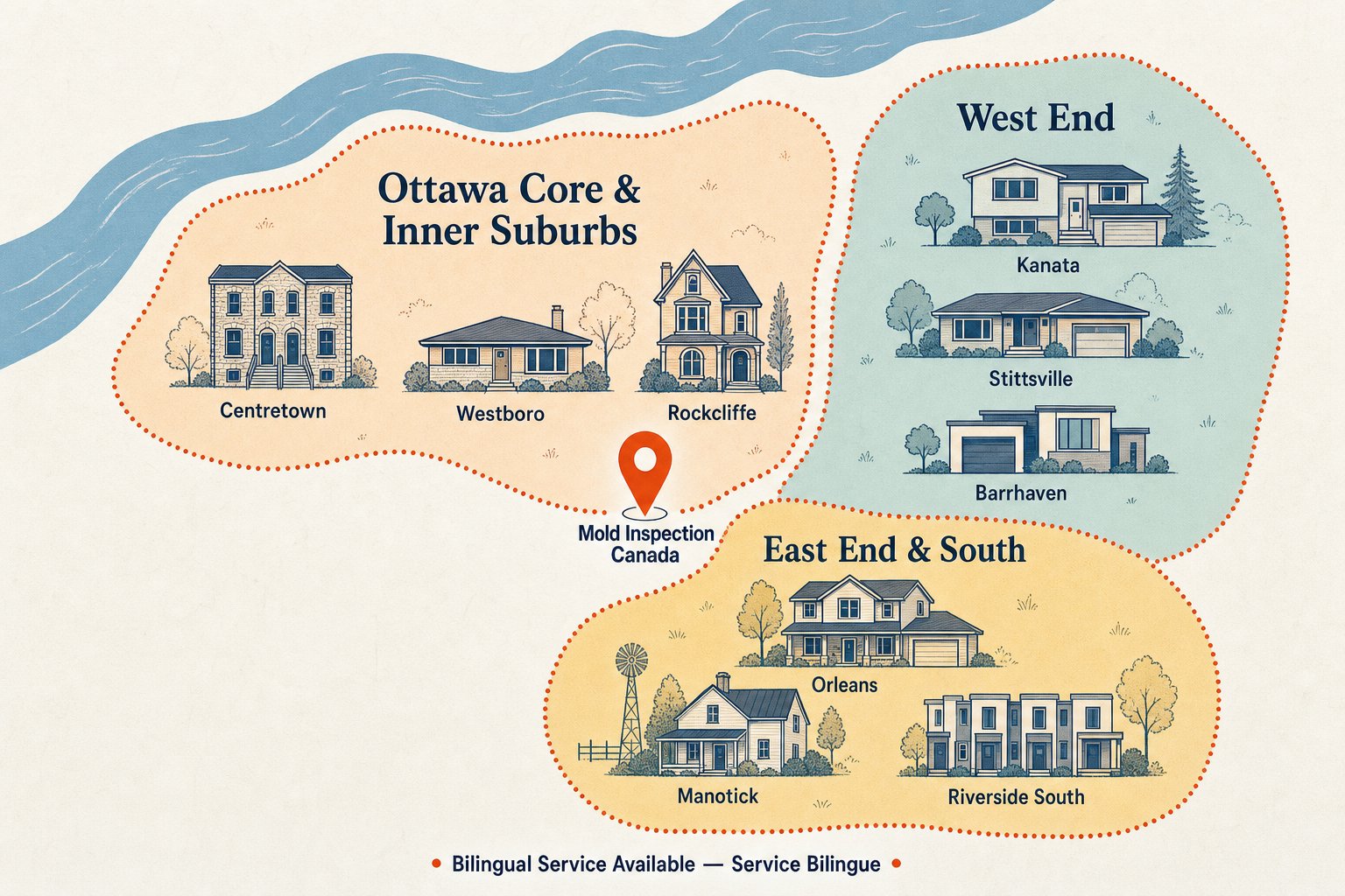 Stylized map of Ottawa neighborhoods served for mold inspection and removal: Ottawa Core and Inner Suburbs, West End, and East End and South