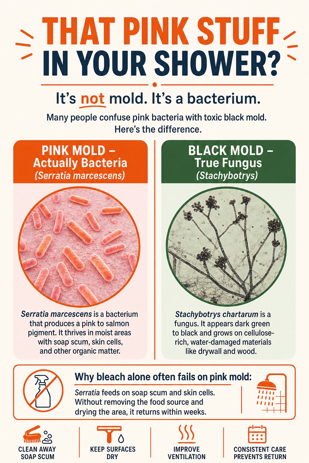 Side-by-side comparison of pink mold which is Serratia marcescens bacteria versus black mold which is Stachybotrys chartarum fungus, with explanation of why bleach alone often fails on pink mold
