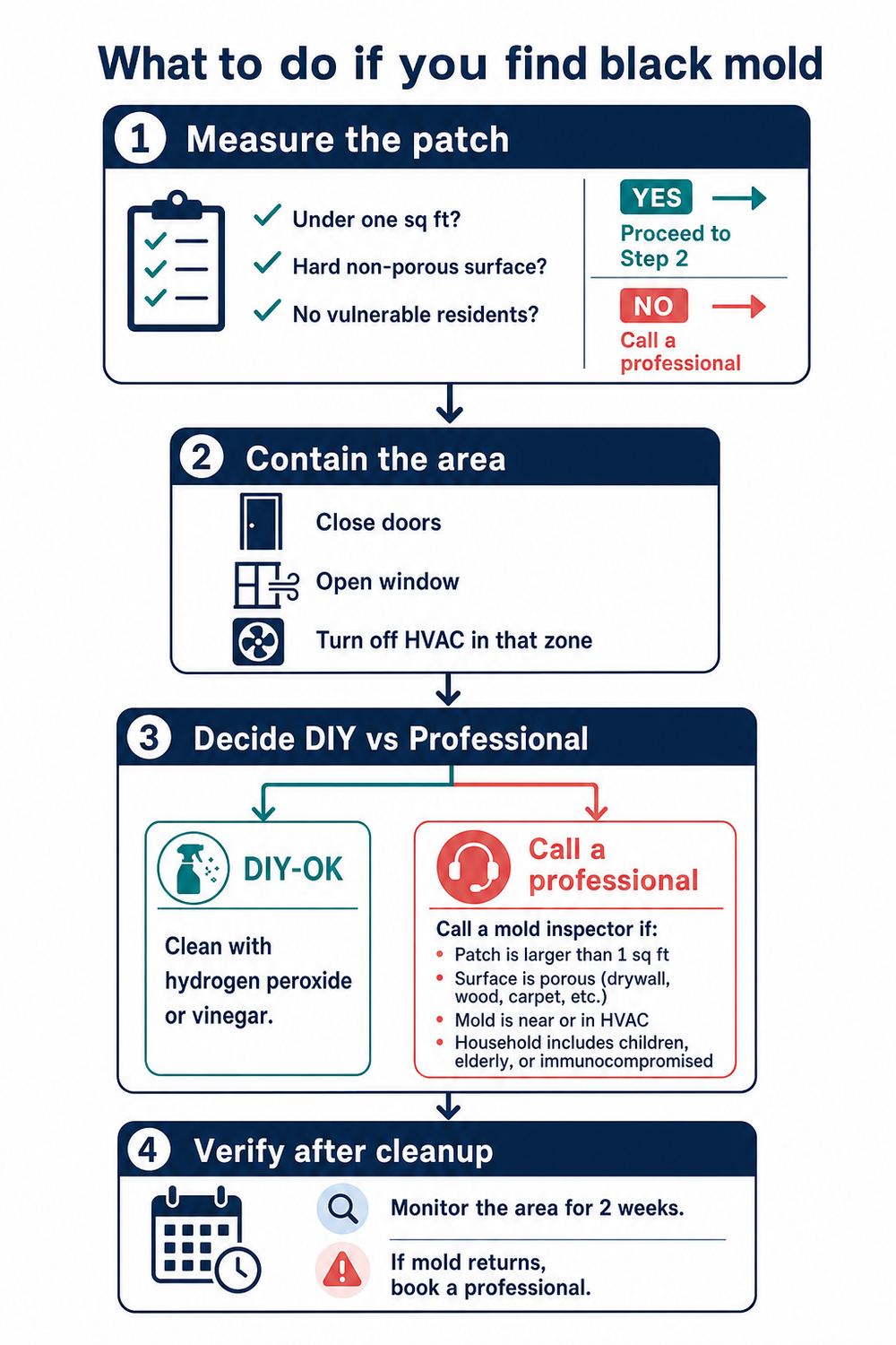 What to do if you find black mold: four-step flowchart covering measure the patch, contain the area, decide DIY versus professional, and verify after cleanup