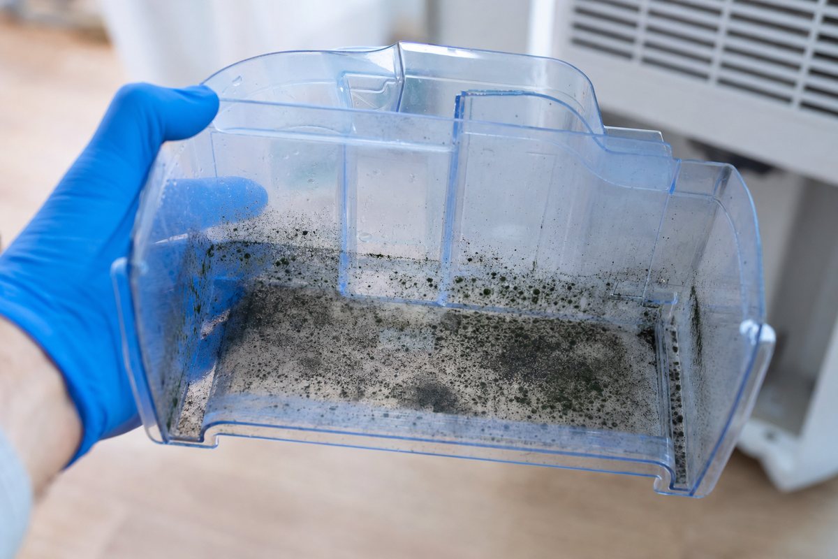 Close-up of a gloved hand holding a dehumidifier water tank with black and grey-green mold spotting along the inside corners and water line