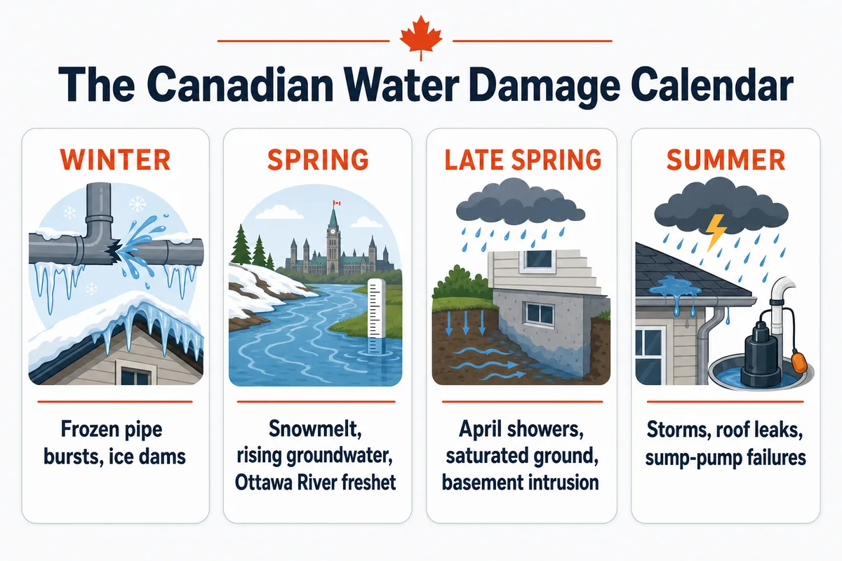 Infographic of the Canadian water damage calendar across winter, spring, late spring, and summer
