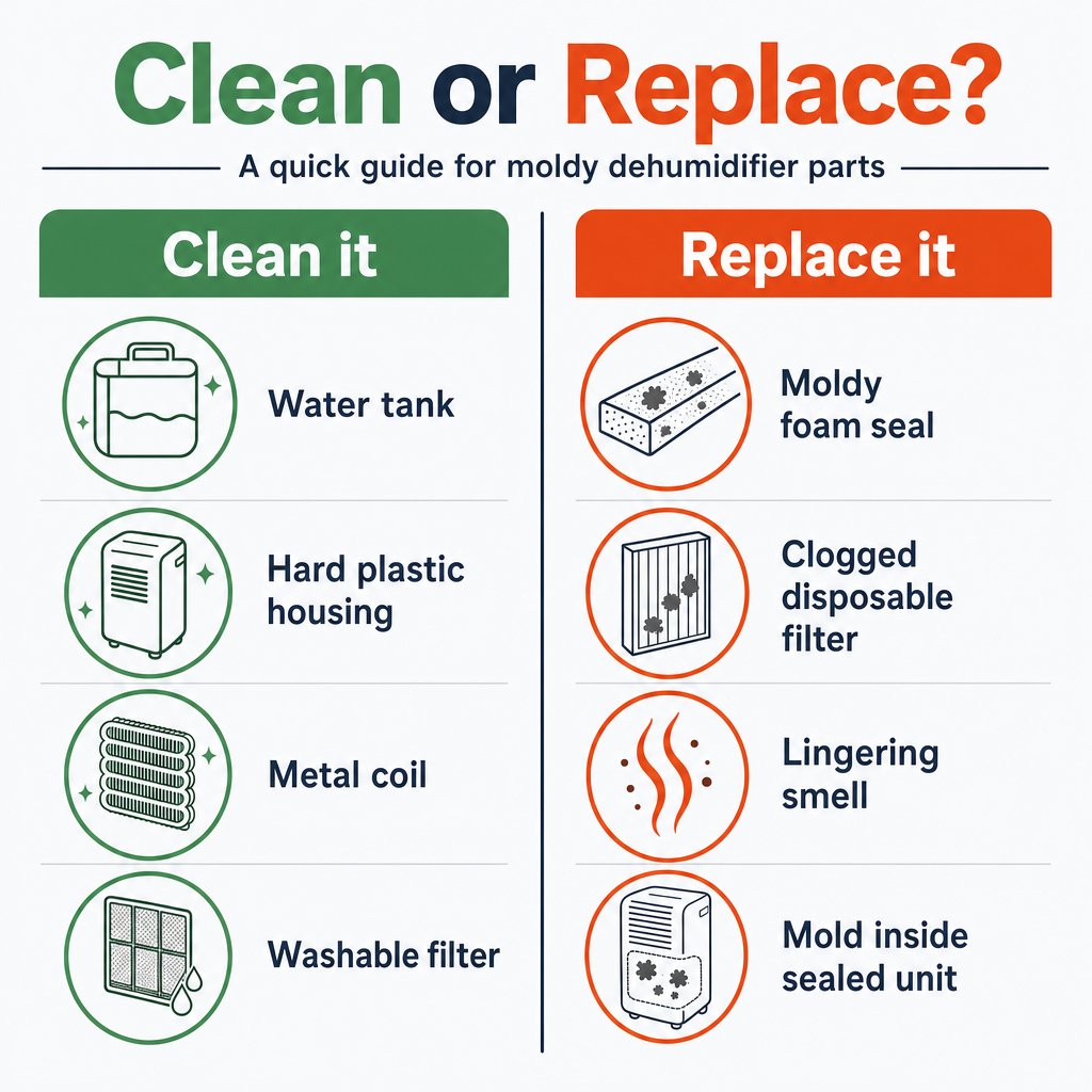 Clean or replace decision graphic for a moldy dehumidifier, comparing washable non-porous parts like the tank and coil against porous parts like foam seals that need replacing