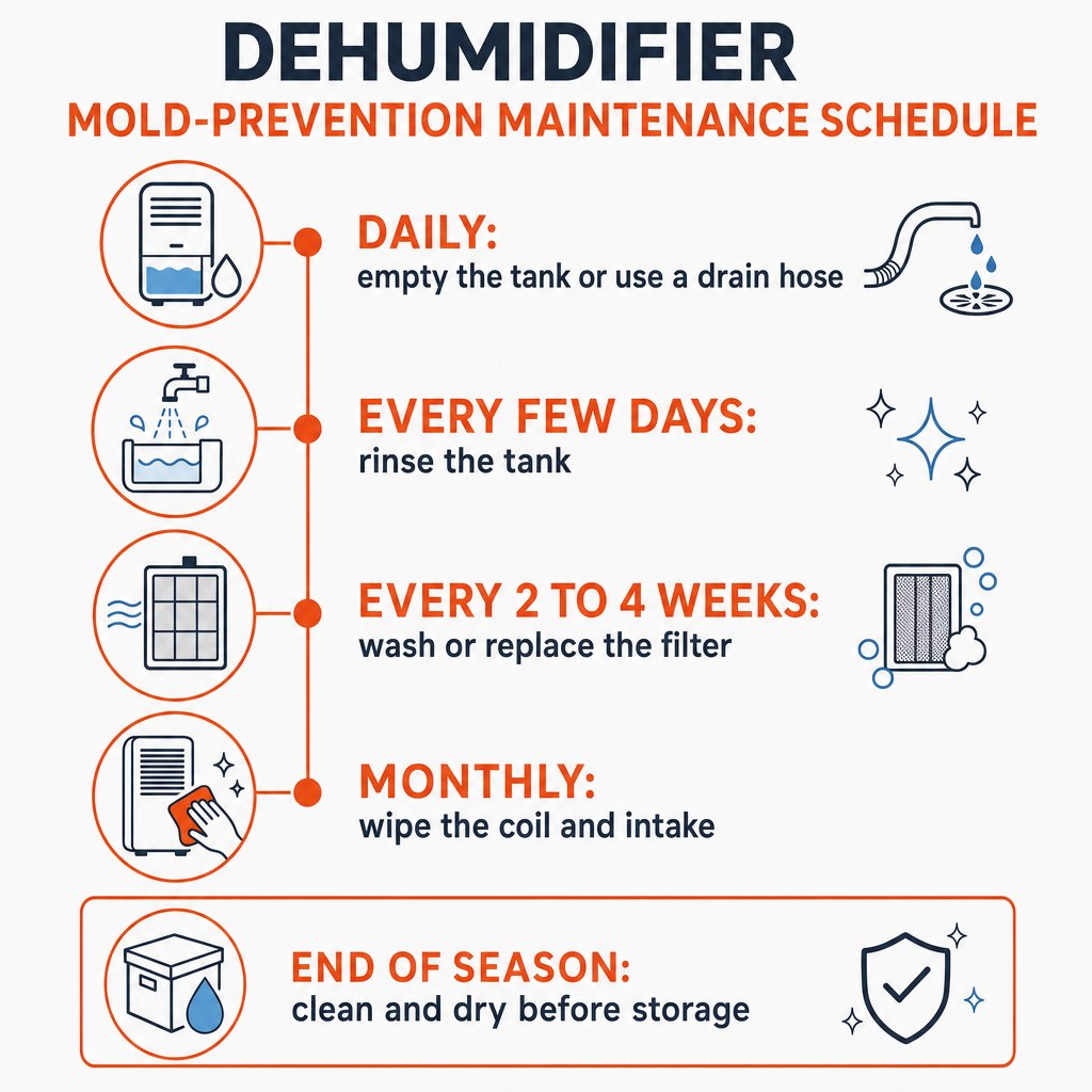 Dehumidifier mold-prevention maintenance schedule infographic showing daily, weekly, monthly, and end-of-season tasks