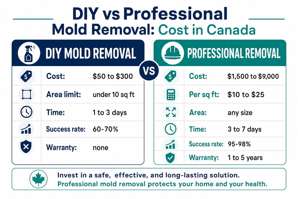 DIY versus professional mold removal cost comparison in Canada: DIY 50 to 300 dollars under 10 square feet, professional 1,500 to 9,000 dollars at 10 to 25 dollars per square foot