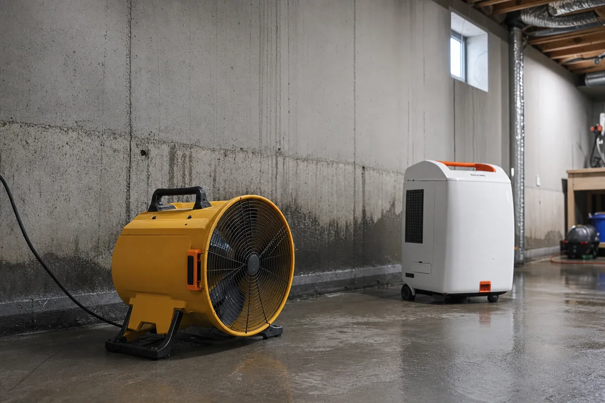 Air mover fan and dehumidifier drying a damp Canadian basement after water damage