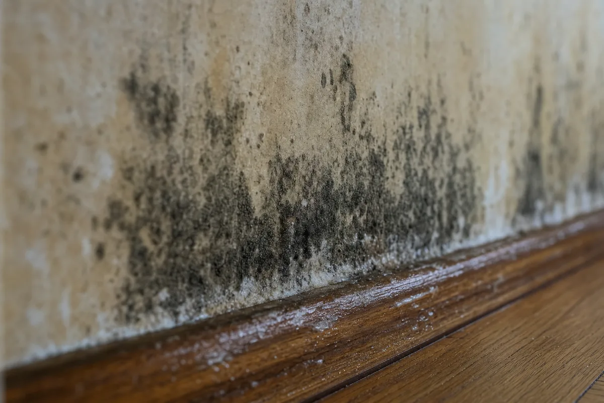 Black and grey mold colonizing water-stained drywall above a baseboard after water damage