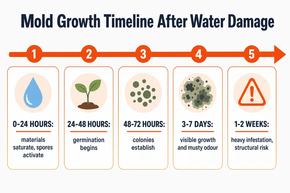 Infographic timeline showing mold growth stages from 0 to 48 hours and beyond after water damage