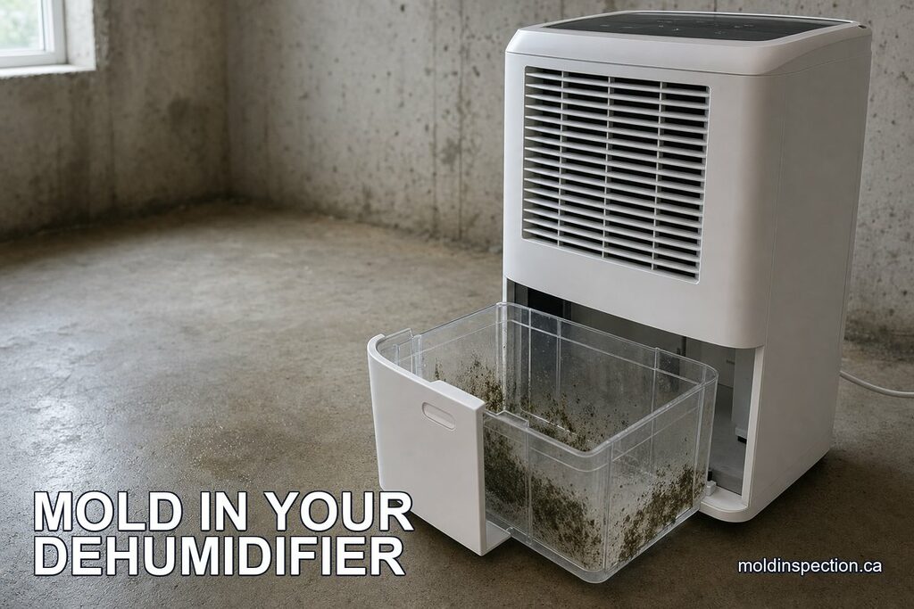 Portable home dehumidifier in a Canadian basement with mold spotting visible inside the pulled-out water collection tank
