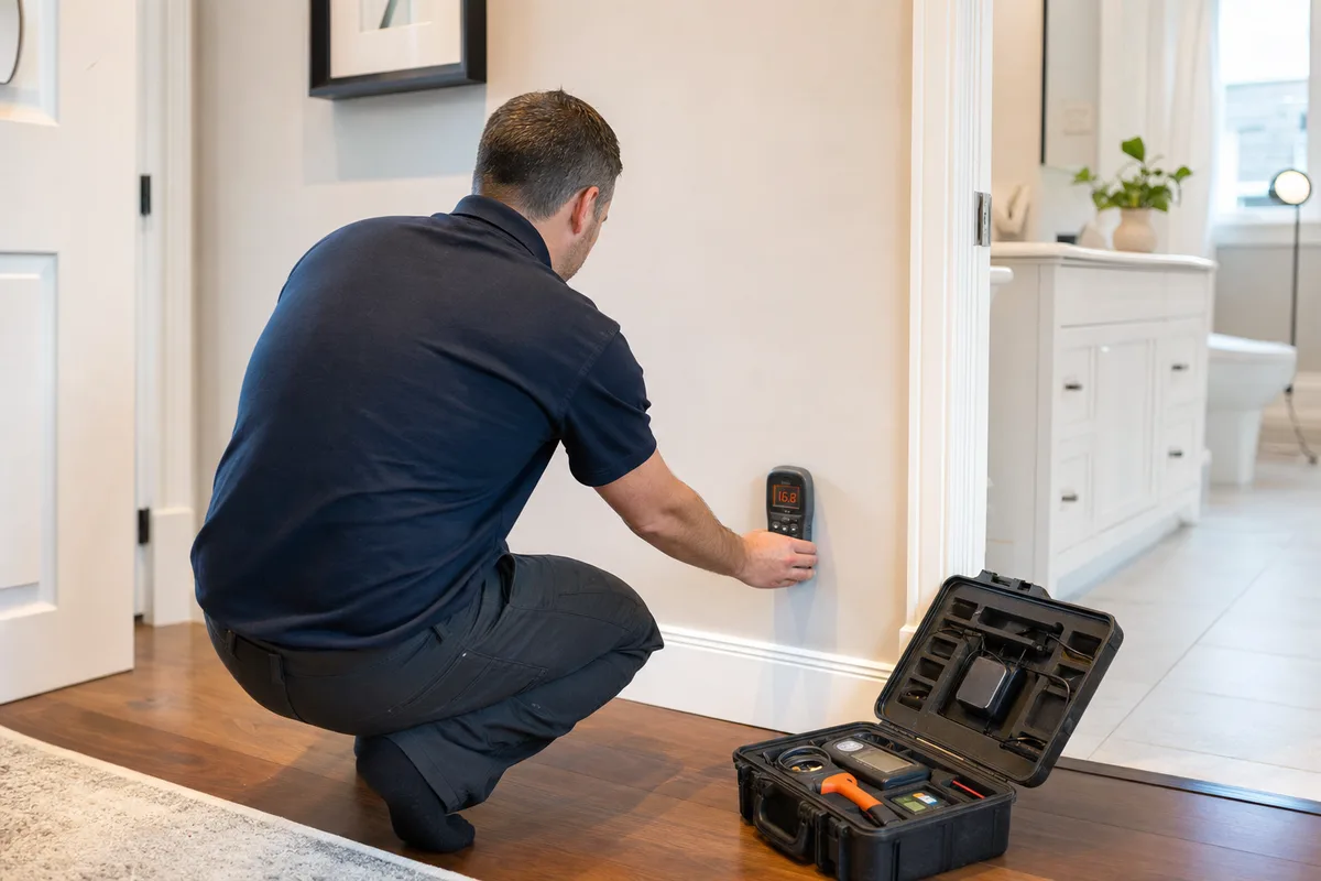 Certified mold inspector using a moisture meter near a baseboard during a mold inspection in a Canadian home