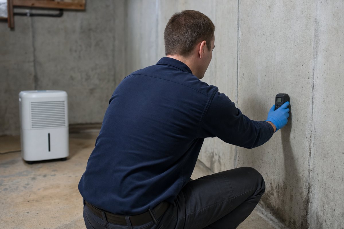 Professional mold inspector using a handheld moisture meter on a basement wall beside a portable dehumidifier