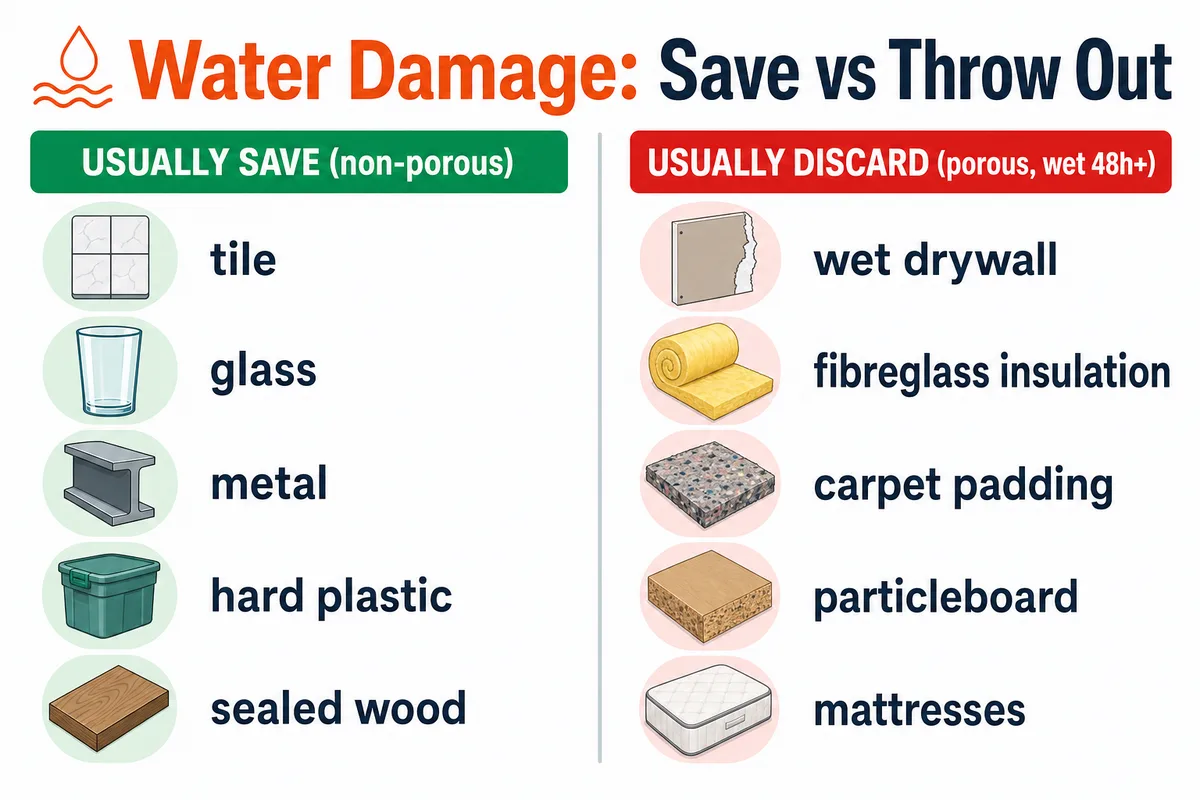 Infographic comparing materials to save versus discard after water damage in a home