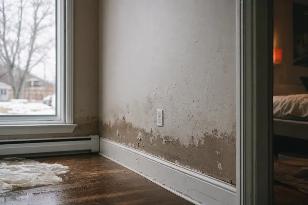Water damage staining spreading up a wall in a Canadian home with melting snow visible outside