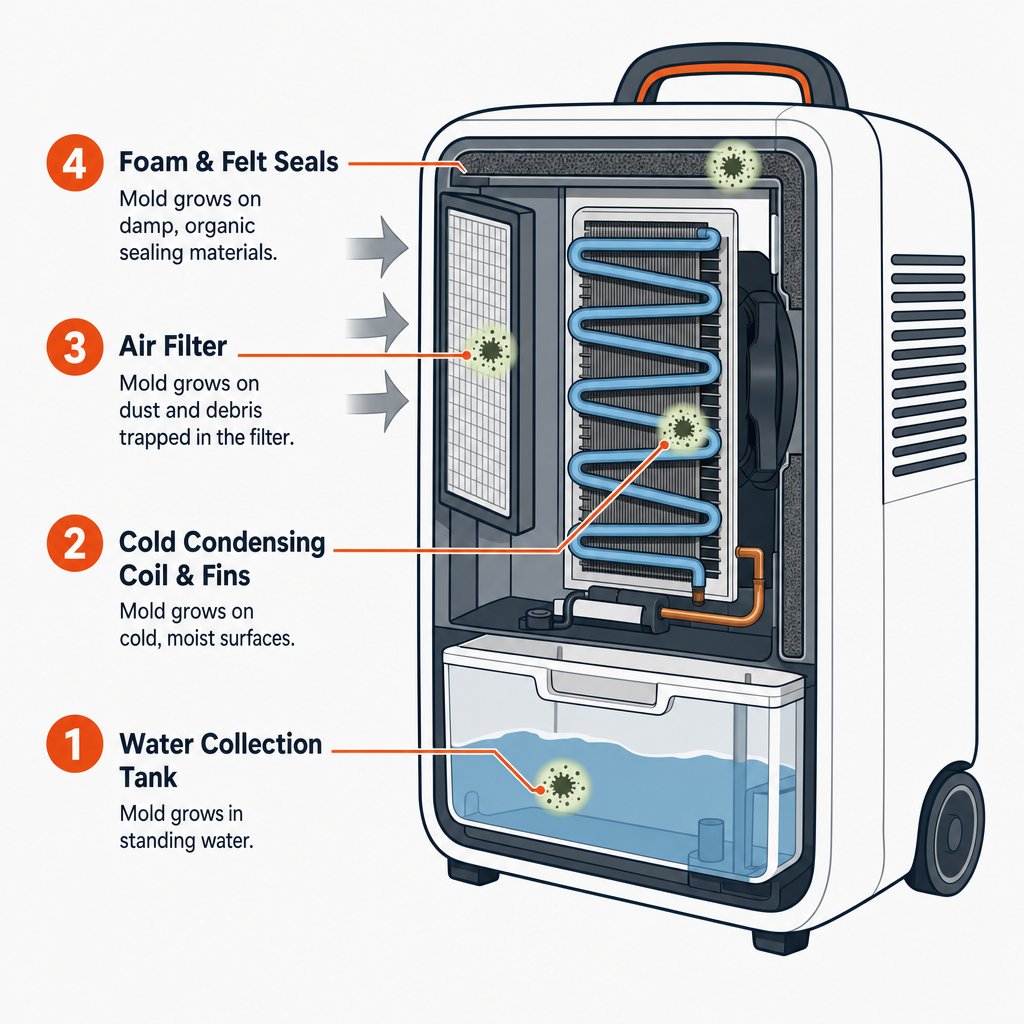 Cutaway diagram of a dehumidifier showing the four places mold grows: the collection tank, the cold condensing coil, the air filter, and the internal foam seals