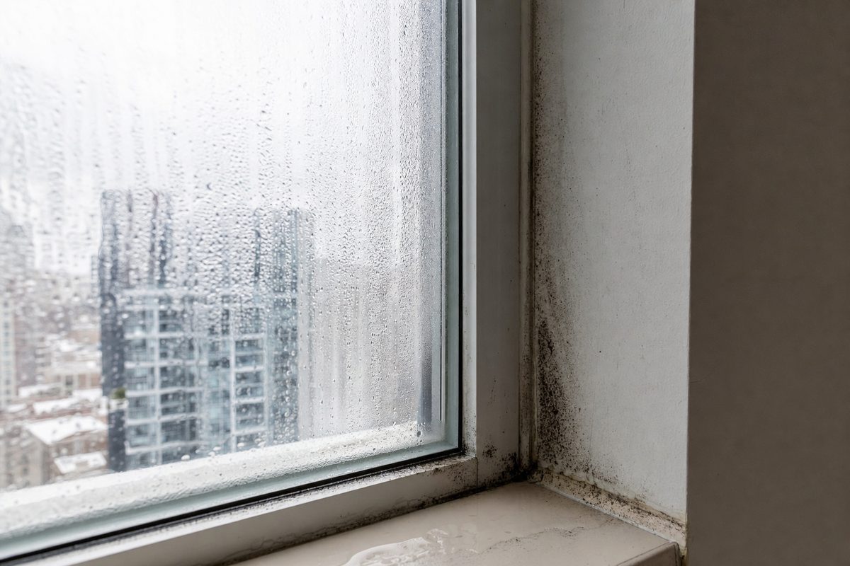 Condensation on a Toronto condo window with black mold spotting on the surrounding drywall reveal and sill caulking